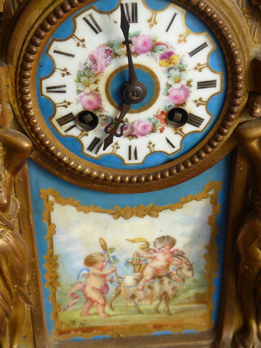 A 19th century gilt-metal eight-day mantle clock with Sèvres-style porcelain panels decorated with - Image 2 of 10