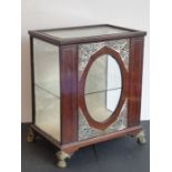 A 19th century mahogany, chequer strung and mother of pearl inlaid table display cabinet; the hinged