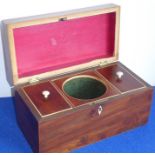 A George III period rectangular mahogany two-division tea caddy with silver-plated handle, boxwood-