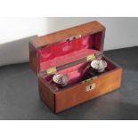 A 19th century satinwood and mother of pearl inlaid ink box; two hand-cut inkwells with hinged