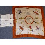 Two silk scarves; 'La Reine Cavalerie' signed L.R. Paris, together with one further predominately