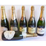 Six bottles of champagne: 3 x Taittinger, 2 x Perrier-Jouet and 1 x Pierre Vaudon premier cru