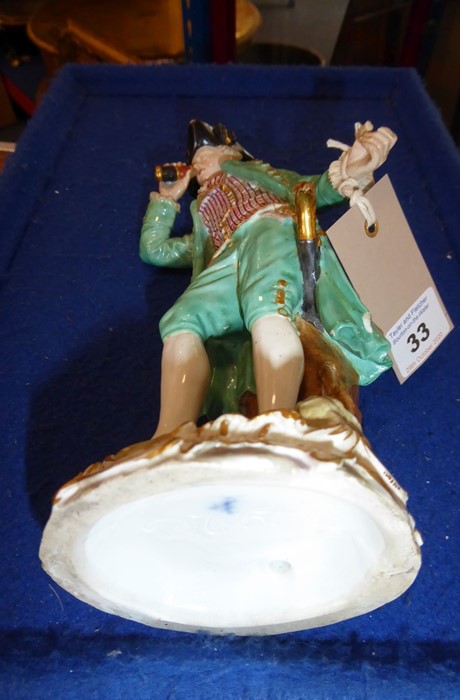 A 19th century Meissen figure model; in 18th century-style dress with a long green coat and - Image 2 of 10