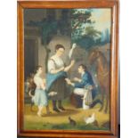 A mid-19th century maple-framed naive oil on canvas study 'The Proposition', farmyard-style scene