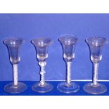 Four mid-18th century style ale/cordial glasses, each with inverted bell-shaped bowl and double