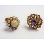 A single cabochon opal and half pearl cluster earring in yellow-gold setting; together with a single