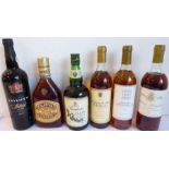 A mixed lot of six wines, spirits and ports: Premieres Cotes de Bordeaux 1986 and 1992; Chateau