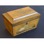 An early 19th century sarcophagus-shaped two-division sycamore tea caddy; the lid outer body inner