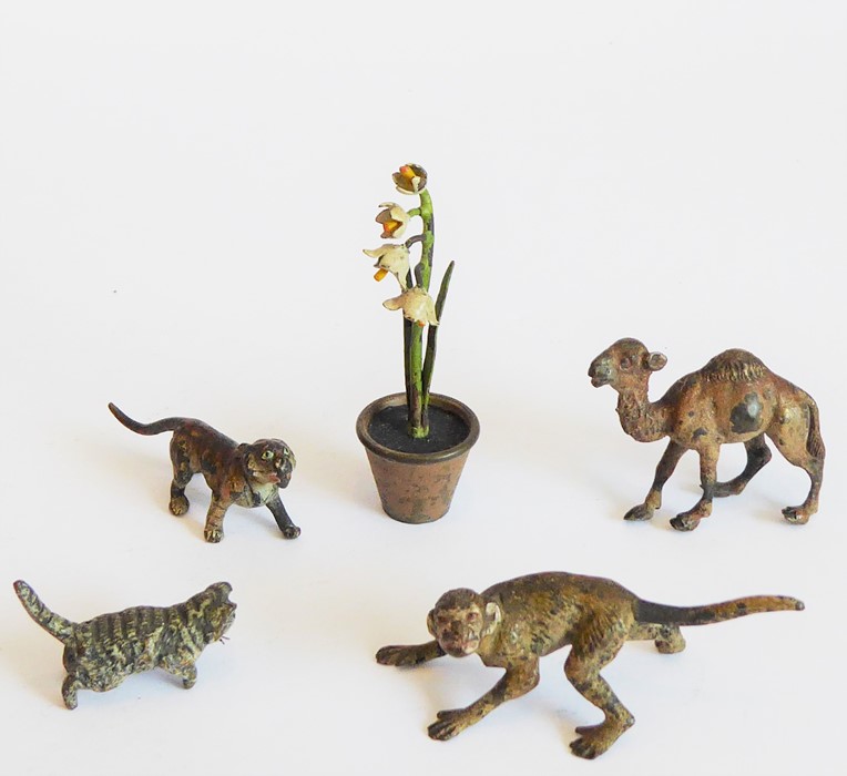 Various early 20th century cold-painted bronzes of animals to include a camel, a monkey, a cat and