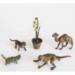 Various early 20th century cold-painted bronzes of animals to include a camel, a monkey, a cat and