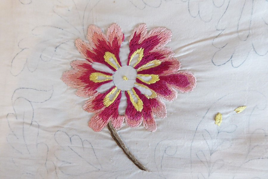 An unfinished silk embroidery with one edge embroidered with '1744'; ivory-coloured silk with a - Image 7 of 8