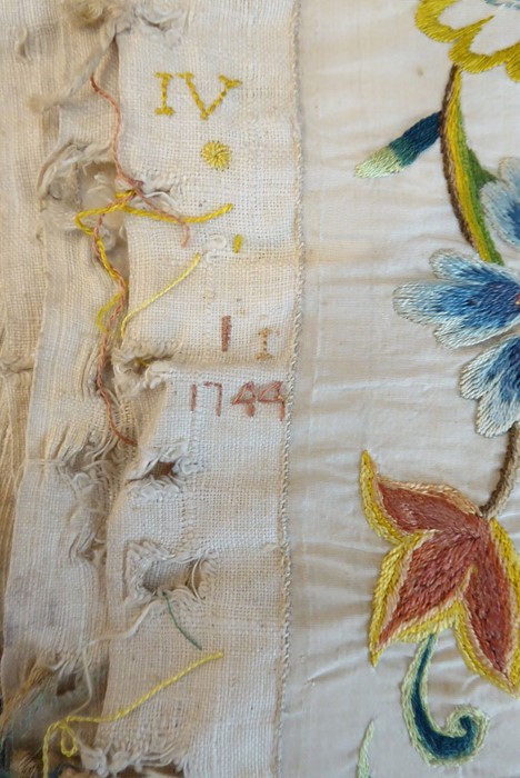 An unfinished silk embroidery with one edge embroidered with '1744'; ivory-coloured silk with a - Image 8 of 8