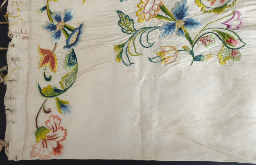 An unfinished silk embroidery with one edge embroidered with '1744'; ivory-coloured silk with a - Image 3 of 8