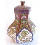 A late 19th century Oriental (probably Chinese) cloisonné vase and cover of squared hexagonal