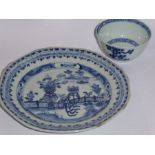 A small Chinese octagonal porcelain dish hand-decorated in under-glazed blue and white together with