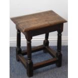 A 17th century-style joint stool (later), thumbnail-moulded top above four turned slightly