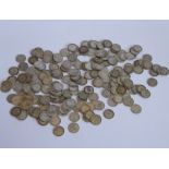 A large quantity of mostly 19th and early 20th century silver three-pence pieces (total weight