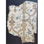 A fragment of, embroidered silk (possibly 1700s); ivory-coloured silk with gold thread in the ‘