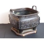 A large mid-19th century patinated Japanese bronze table two-handled temple censer; Xuande mark