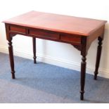 A late Regency period style (later) mahogany side table; the thumbnail-moulded top above three flush