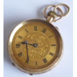 A lady's 9-carat yellow-gold open-faced pocket watch; the centre of the textured dial finely