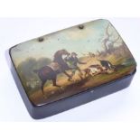 A mid-19th century papier-mâché snuff box of oval section (the lid now away from the main body),
