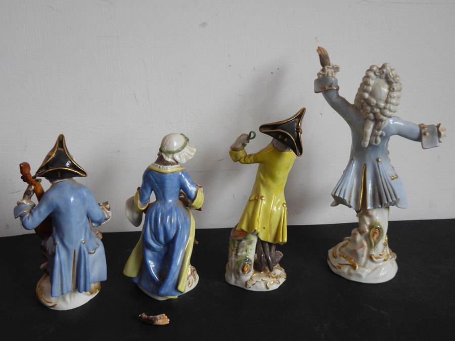 Four hand-decorated 19th century Meissen porcelain monkey band figures (damaged and reparations) ( - Image 2 of 9