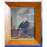 A mid-19th century bird's-eye maple framed oil on canvas study of a portly gentleman sitting in a