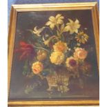 A late 19th/early 20th century gilt-framed oil on wooden panel still-life study of lilies and