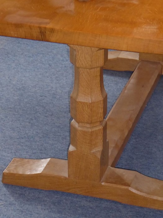 A fine Robert 'Mouseman' Thompson of Kilburn refectory dining table together with six lattice back - Image 7 of 7