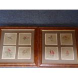 A pair of pollard elm framed and glazed square linen satirical vignettes relating to hunting (each