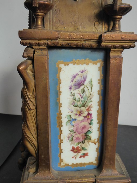 A 19th century gilt-metal eight-day mantle clock with Sèvres-style porcelain panels decorated with - Image 7 of 10