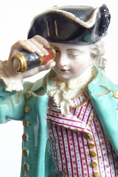 A 19th century Meissen figure model; in 18th century-style dress with a long green coat and - Image 7 of 10