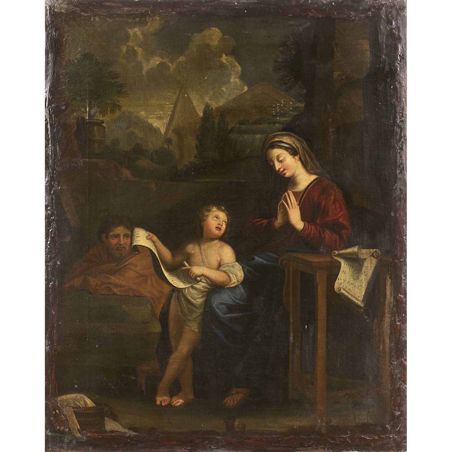 École FRANÇAISE du XVIIIe siècle, suiveur de Charles LE BRUN La sainte Famille Toile marouflée sur
