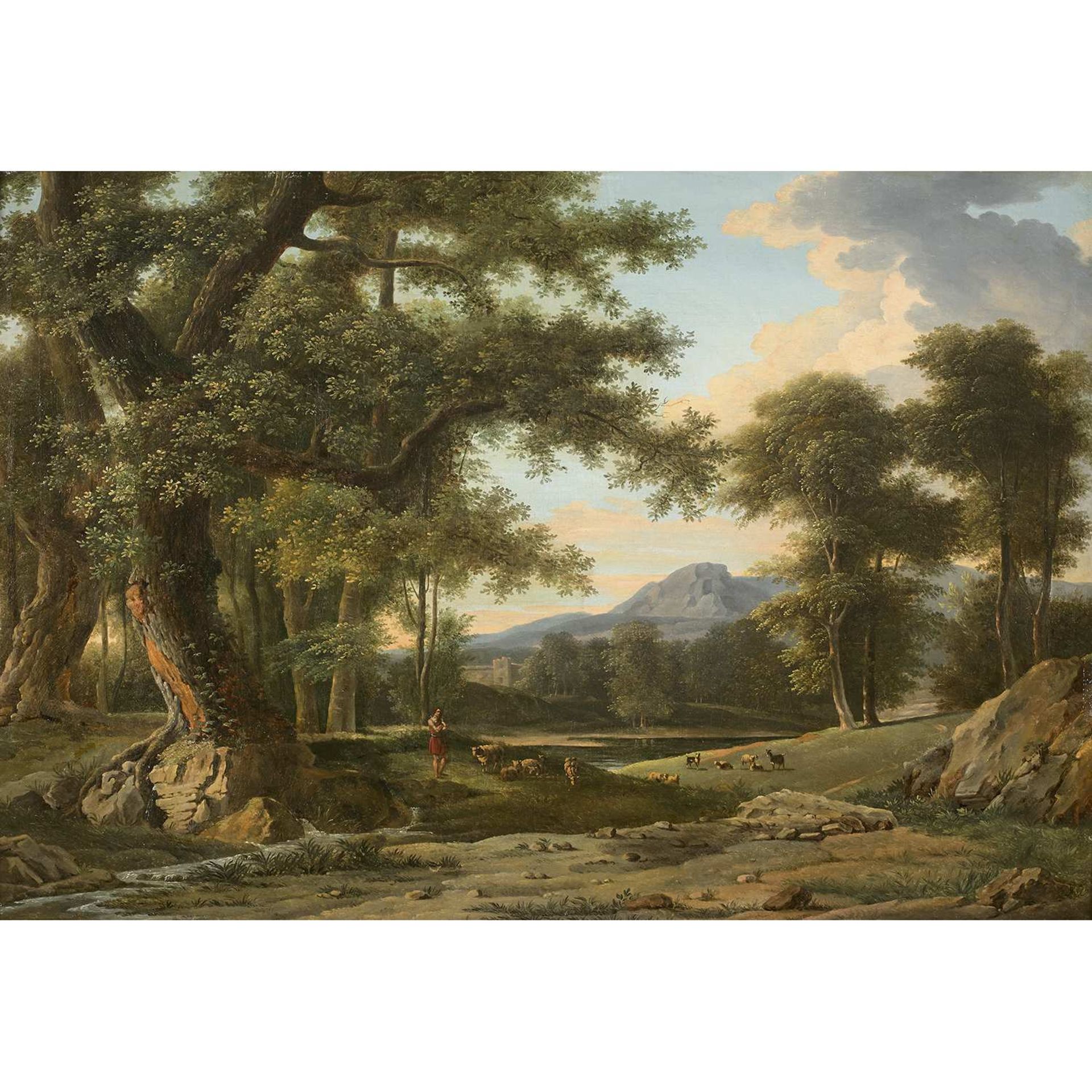 École FRANÇAISE vers 1800, suiveur de Pierre-Henri de VALENCIENNES Paysage animé Toile 55,5 x 79,5