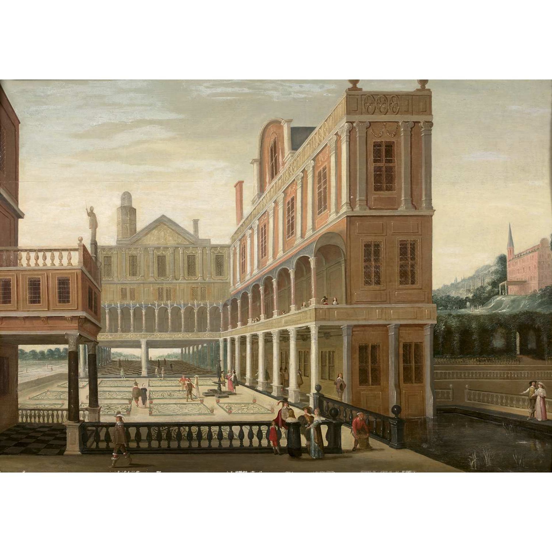 École HOLLANDAISE vers 1640, suiveur de Dirck Van DELEN Palais animé Panneau de chêne, trois