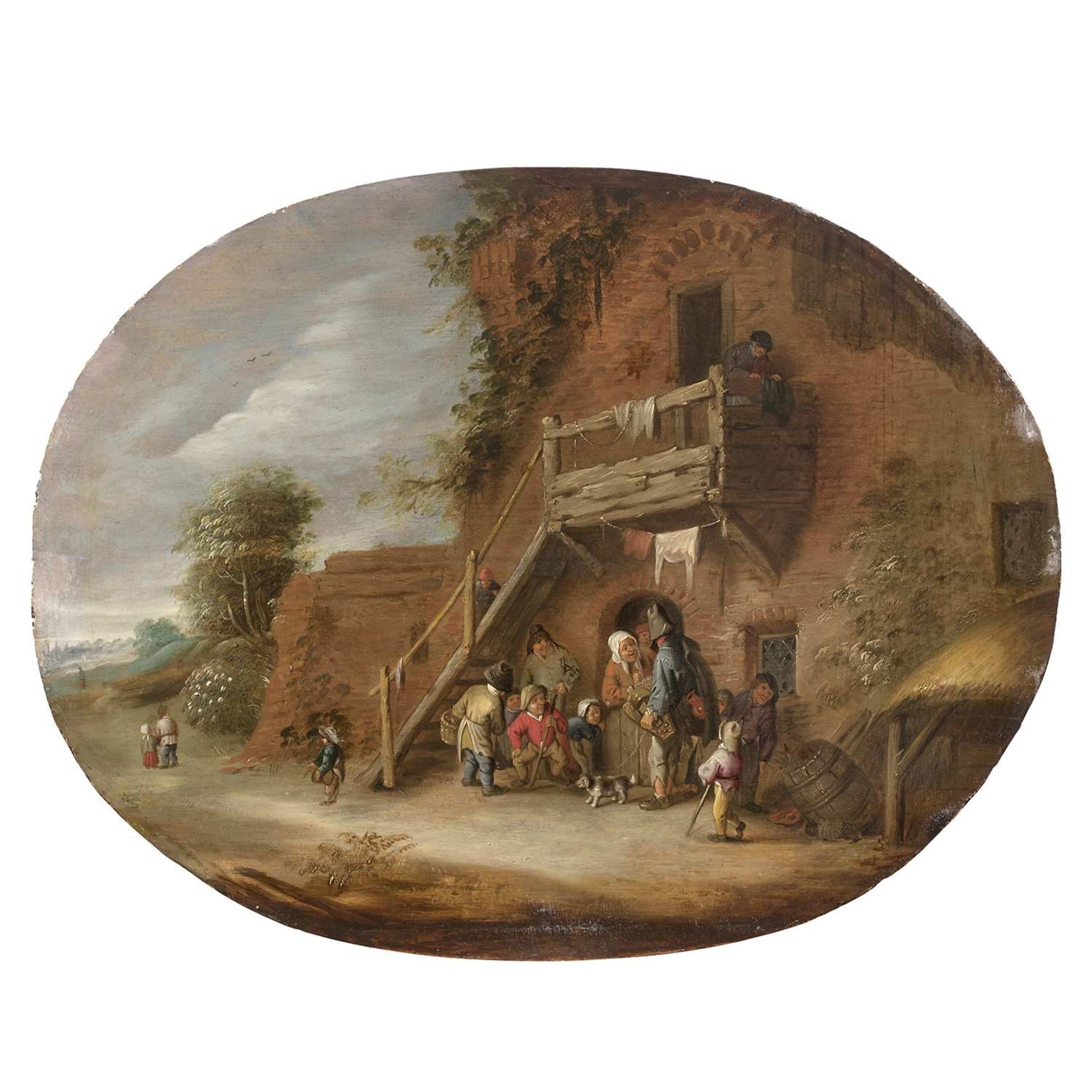 ƒ École HOLLANDAISE vers 1700, suiveur d’Adriaen Van OSTADE Le Colporteur Panneau de chêne, parqueté