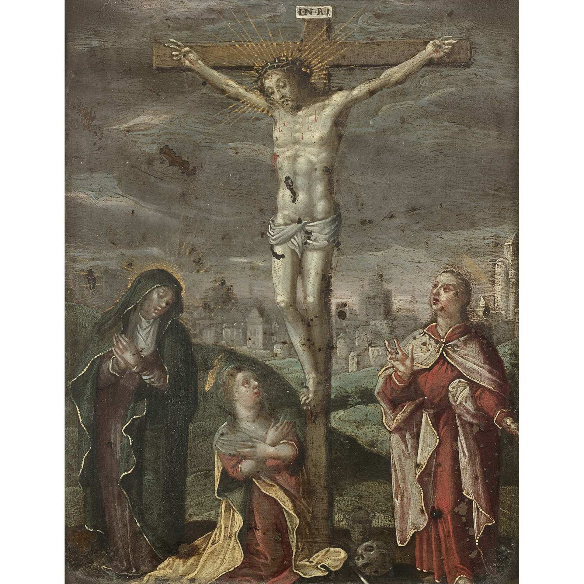 École flamande du XVIIe siècle La Crucifixion entre la Vierge, Sainte Marie-Madeleine et Saint