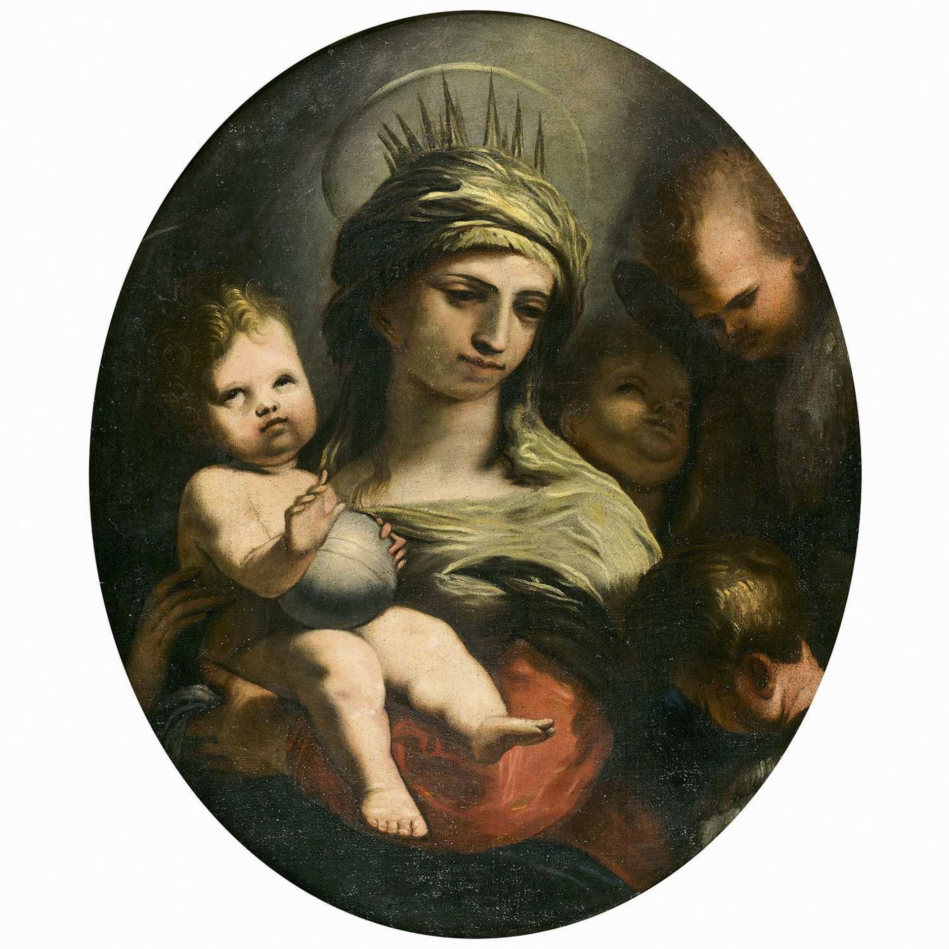 Attribué à Alessandro GHERARDINI (1655-1726) La Vierge à l’Enfant et les anges Toile ovale