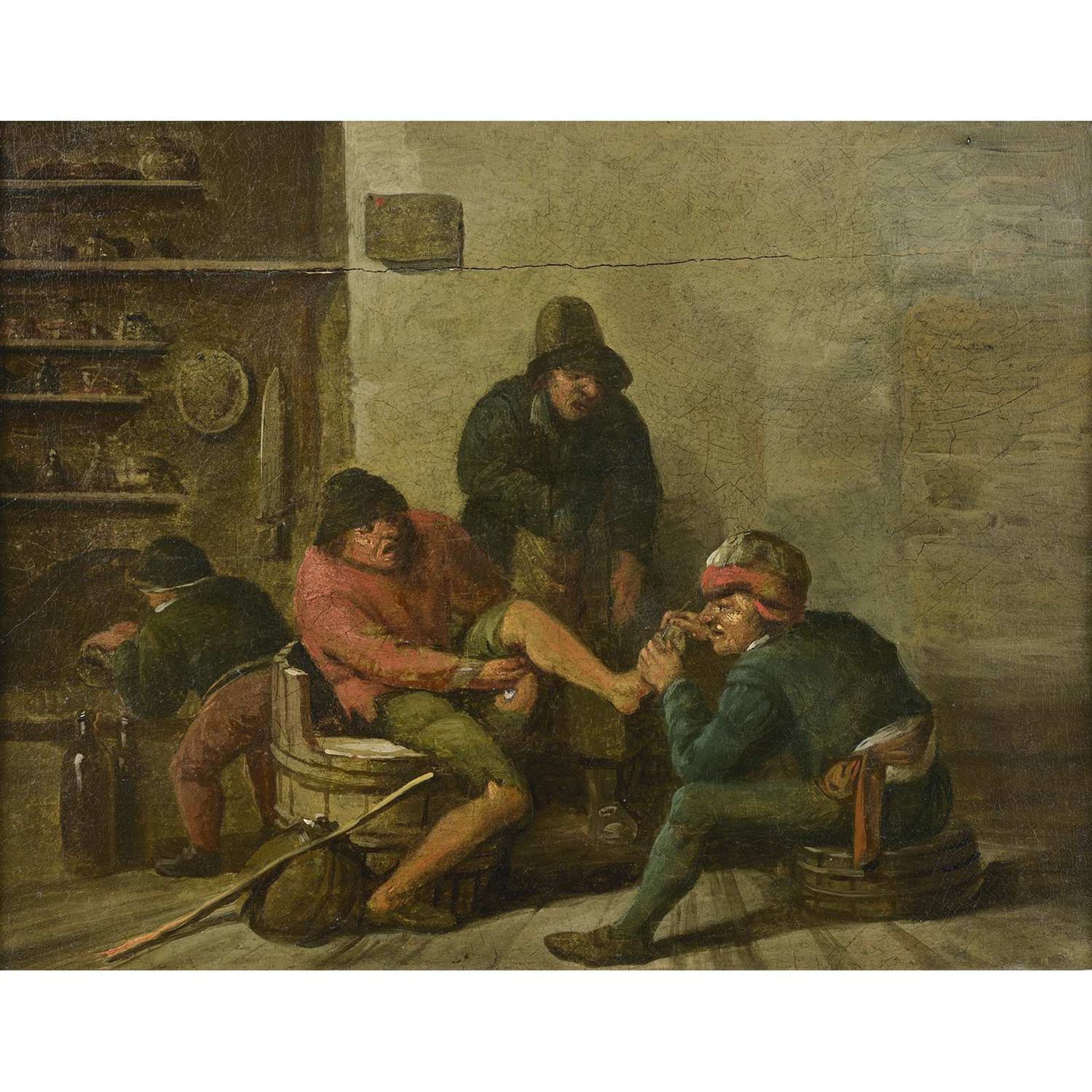 Attribué à Anthonie VICTORYNS (vers 1620-1656) Chez le pédicure Panneau de chêne, renforcé Fente,