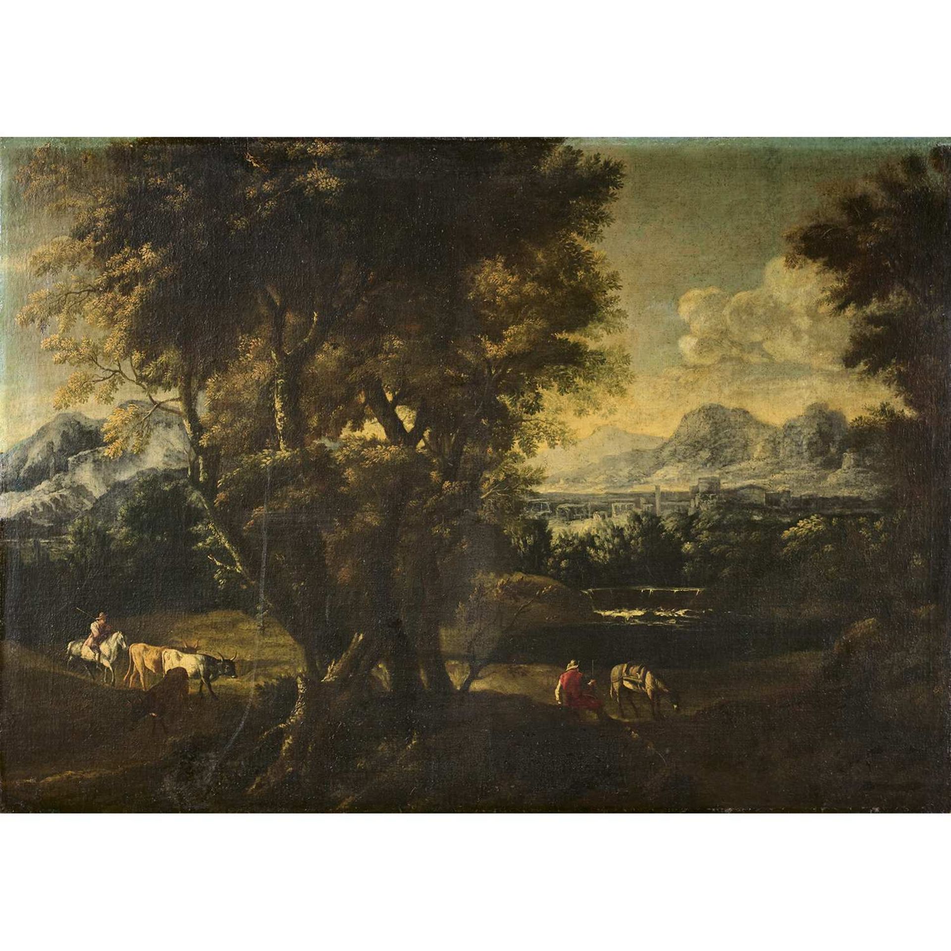 École GÉNOISE vers 1700, suiveur de Bartolomeo TORREGIANI Paysage aux bergers et leurs troupeaux