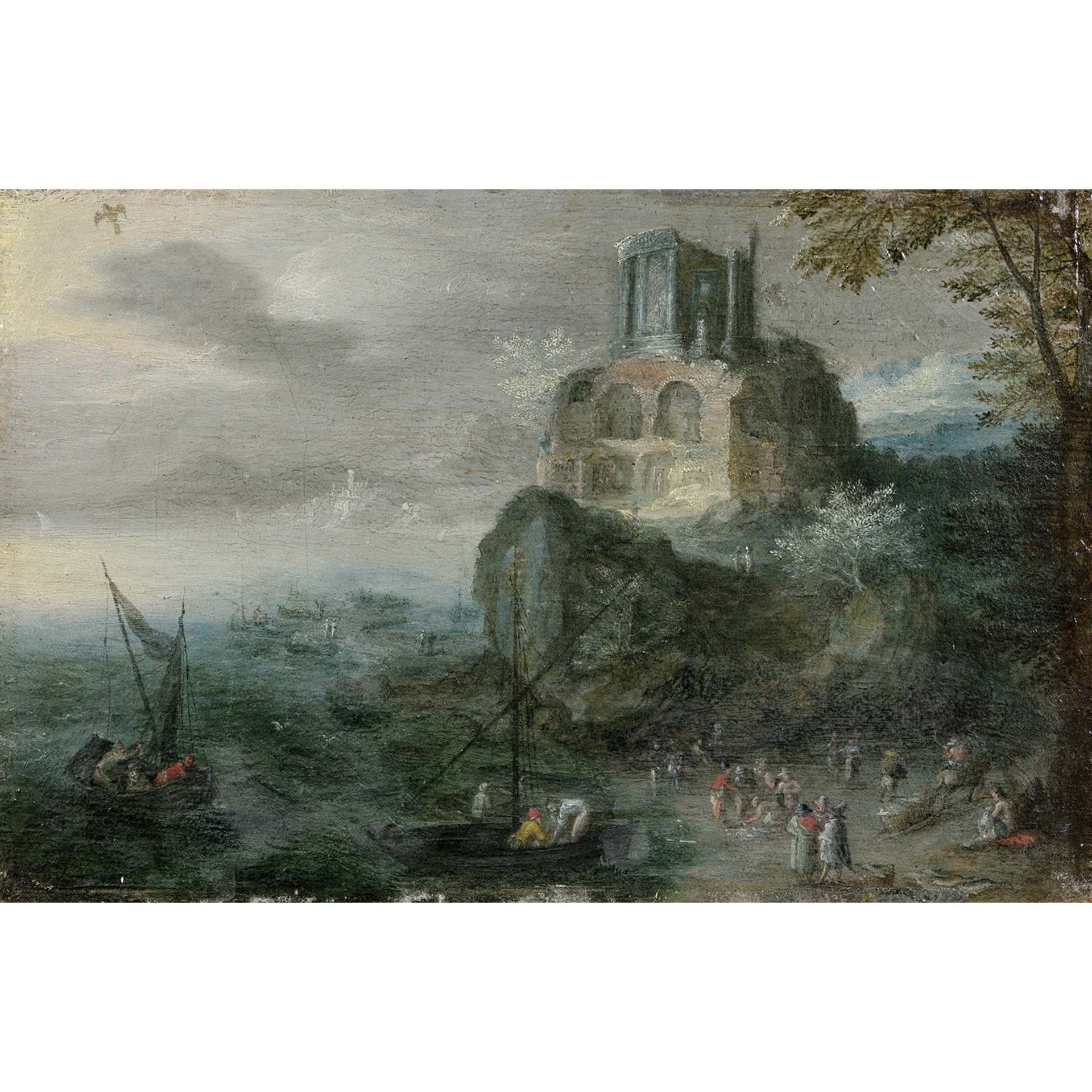 ÉCOLE FLAMANDE VERS 1620, ENTOURAGE DE JAN BRUEGHEL LE VIEUX ESTUAIRE AVEC LE TEMPLE DE LA SIBYLLE