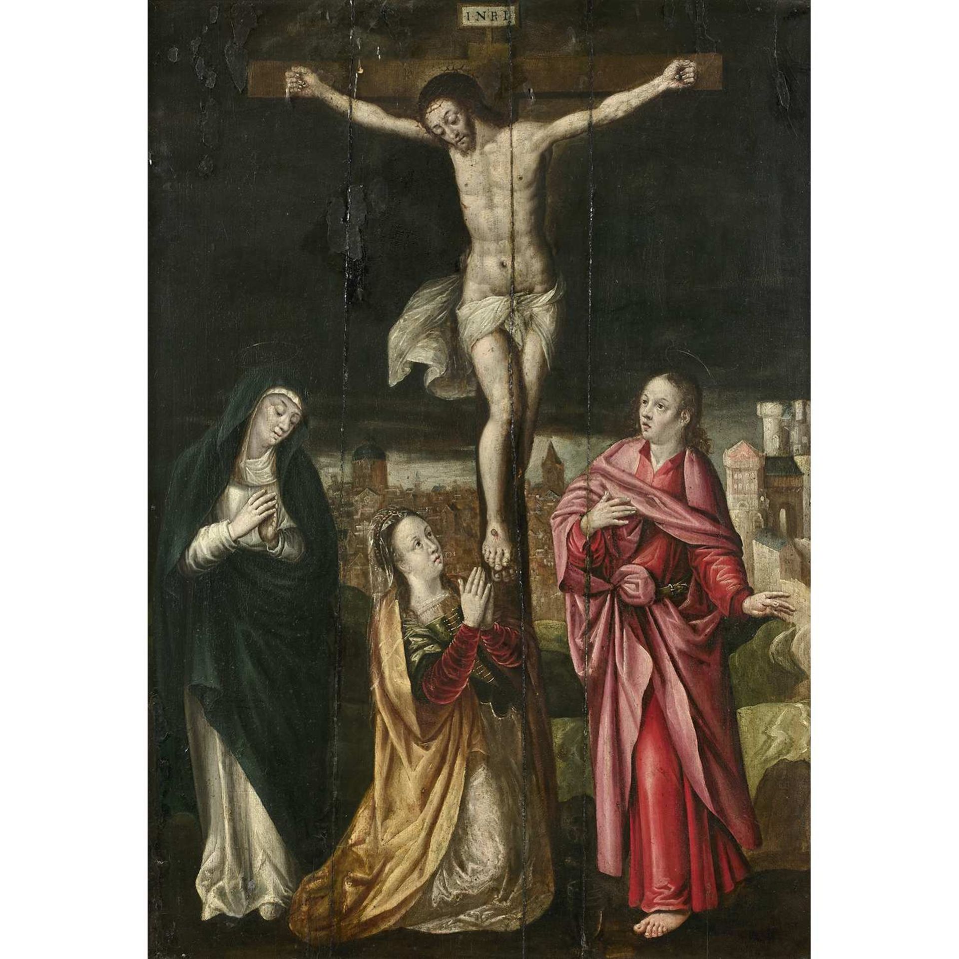 École FLAMANDE vers 1580, suiveur de Michiel COXCIE La crucifixion entre saint Jean, la Vierge et