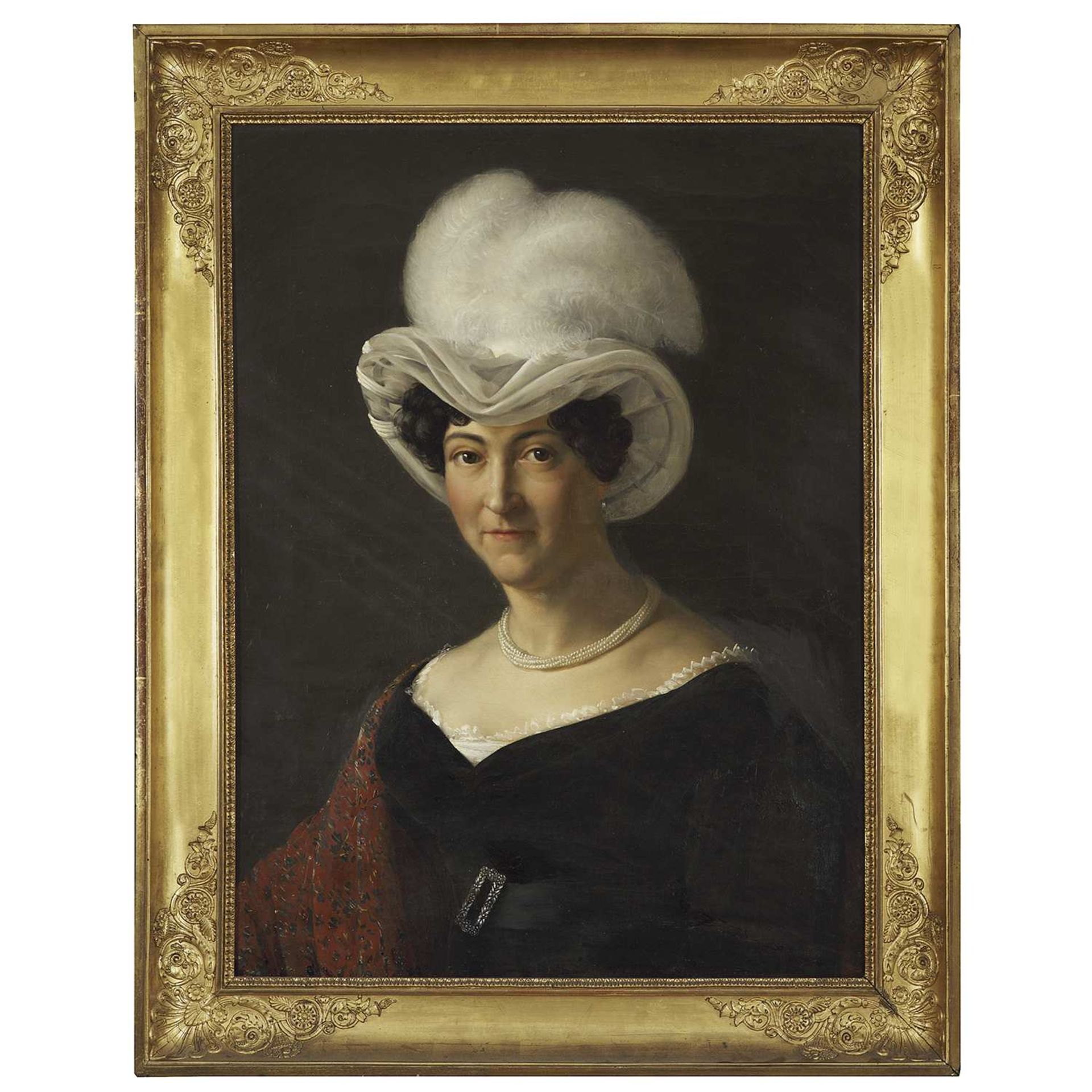 Attribué à Louis HERSENT (1777-1860) Portrait d’une femme en buste au chapeau à plumes Toile Dans