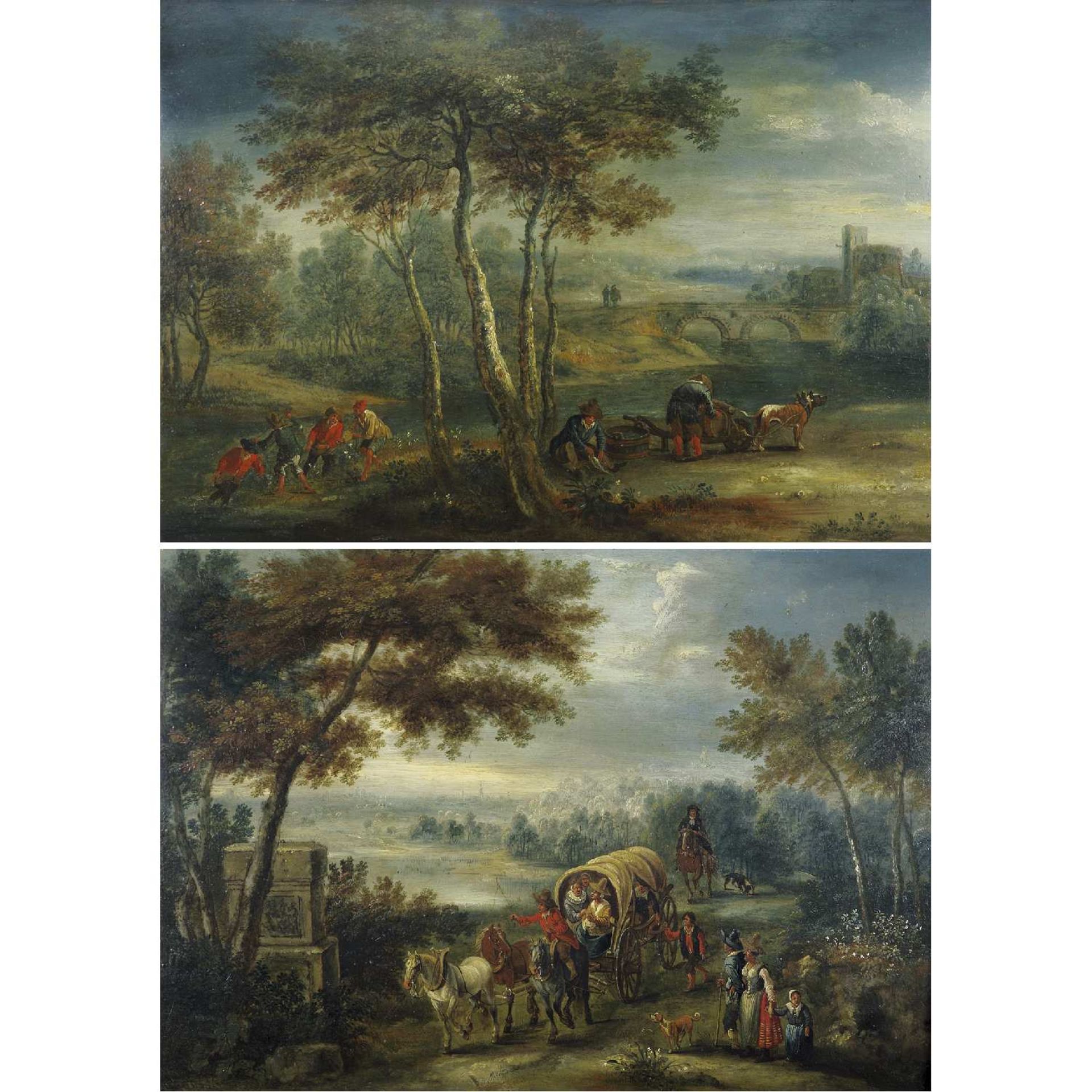 Andreas Martin (Bruxelles, vers 1699-1763) Paysages animés Paire de panneaux de chêne, une