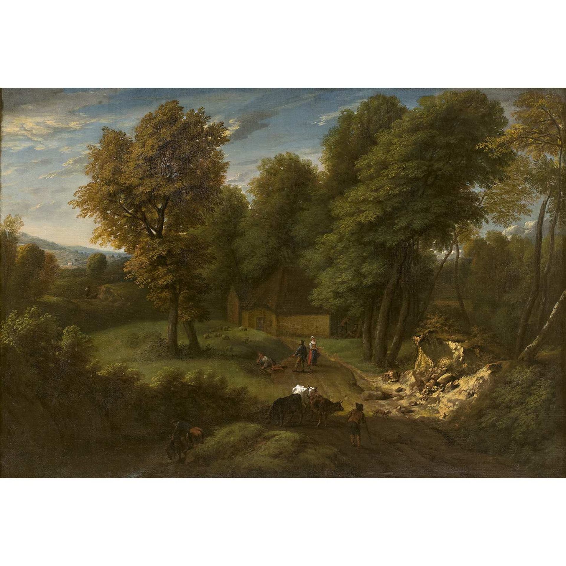 attribué à Jan Baptist HUYSMANS (Anvers, 1654-1716) Paysage boisé animé Toile Au revers du