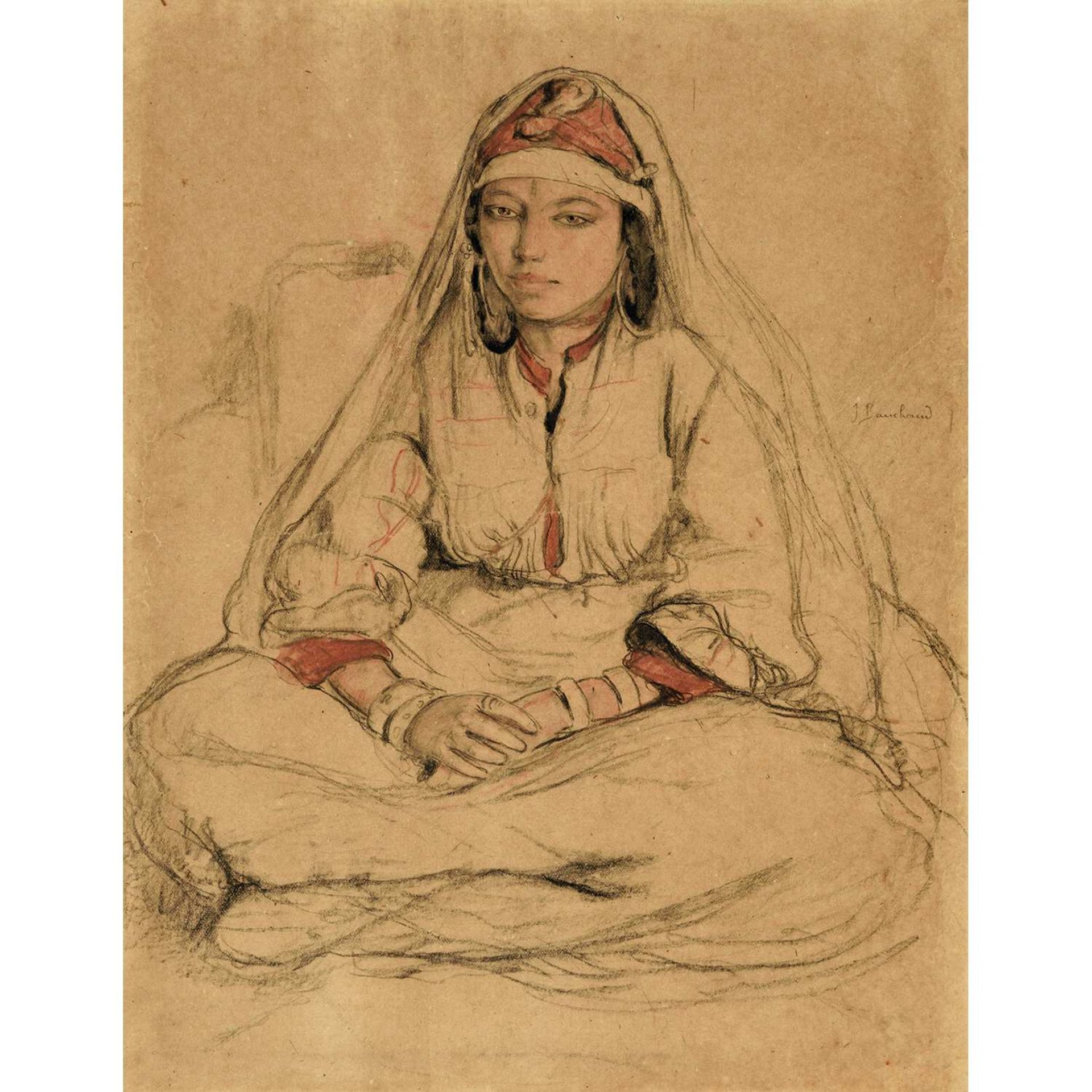 JEAN BOUCHAUD (1891-1977) JEUNE MAROCAINE ASSISE YOUNG SEATED MOROCCAN GIRL Dessin au fusain et