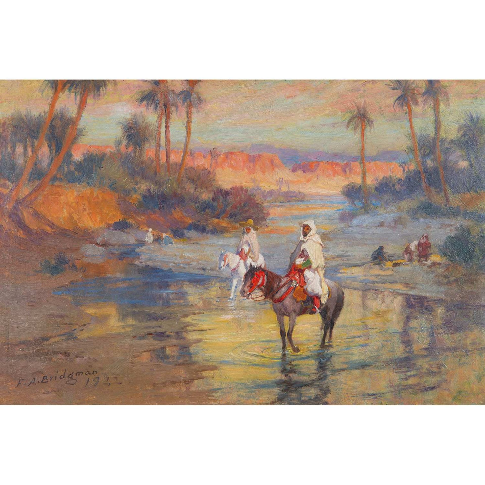 FRÉDÉRICK-ARTHUR BRIDGMAN (1847-1928) CAVALIERS DANS L’OUED HORSEMEN CROSSING THE WADI Huile sur