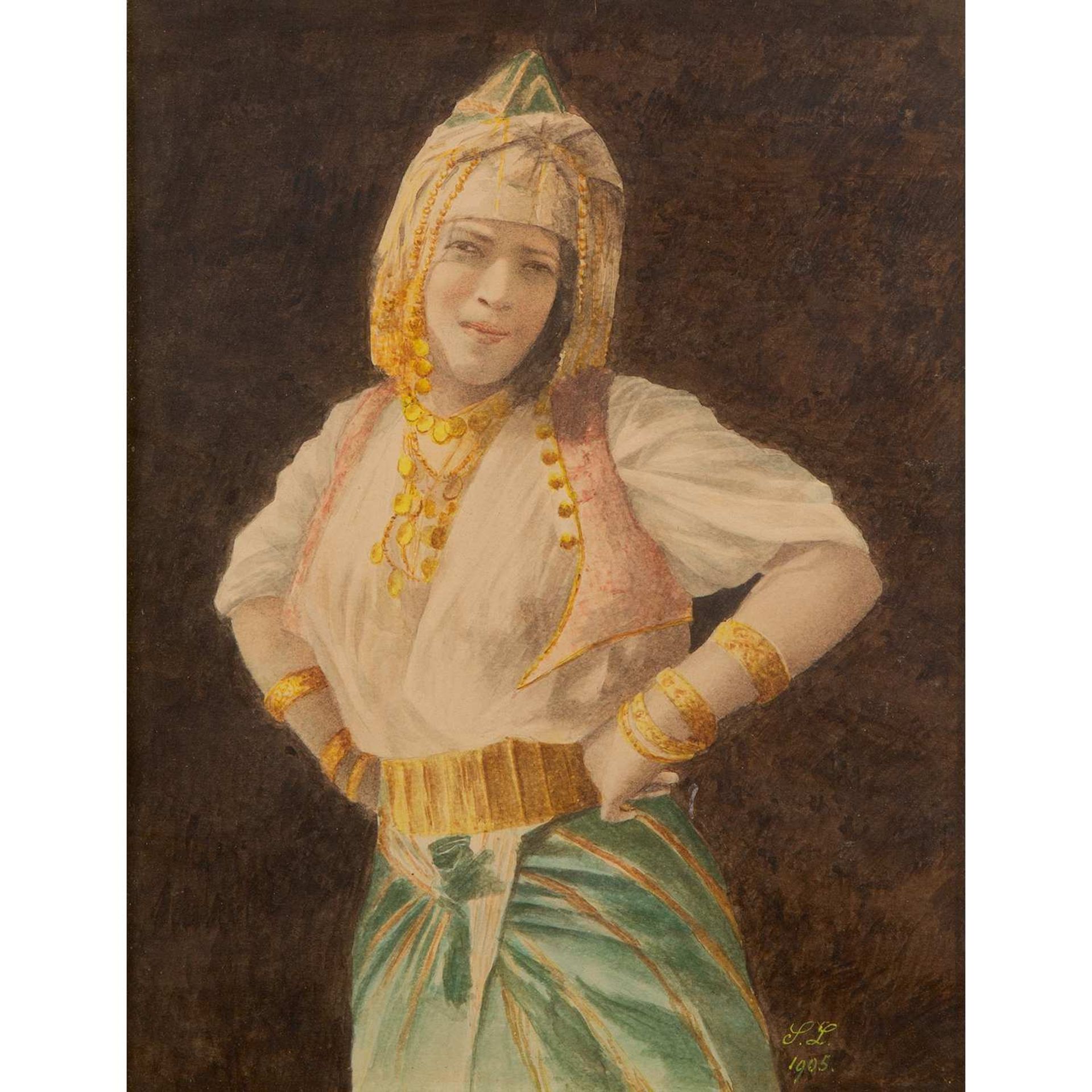 ÉCOLE ORIENTALISTE (XIX-XXE SIÈCLES) ORIENTALE AUX BIJOUX ORIENTAL GIRL WITH JEWELS Aquarelle sur