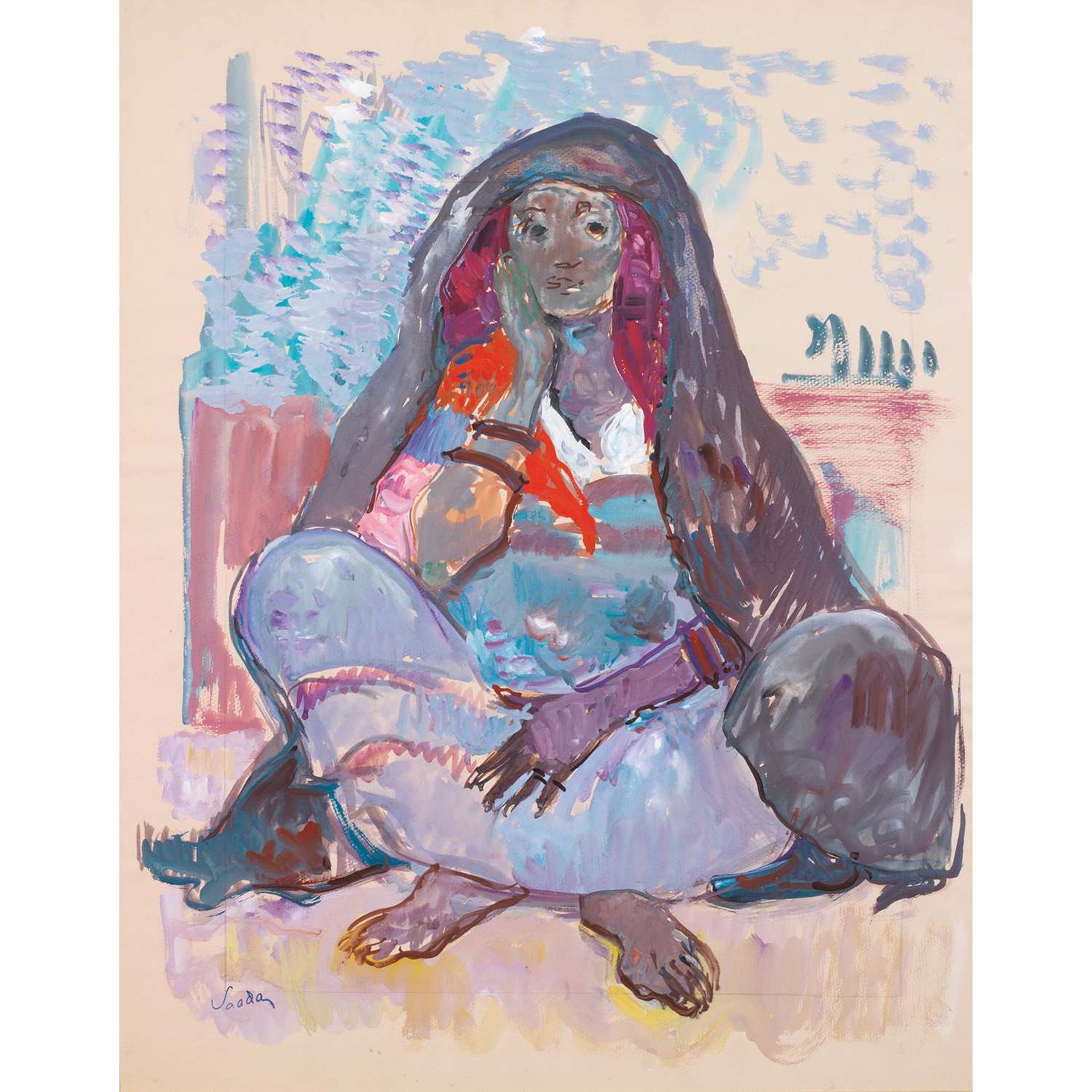 HENRI SAADA (1906-1976) LA BÉDOUINE THE BEDOUIN GIRL Gouache sur papier, portant le cachet de la